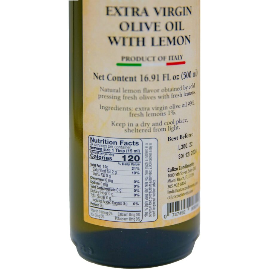 Detailed nutrition facts for Calizo's Extra Virgin Olive Oil with Lemon