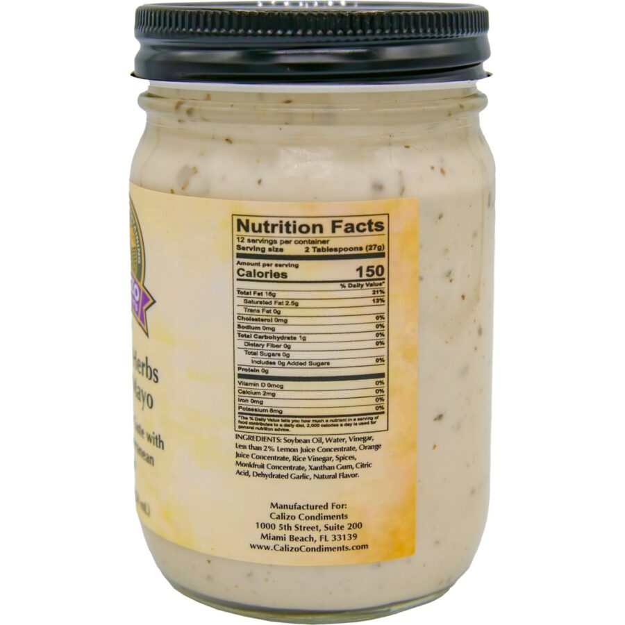 Back view of a 12.0 oz jar of a plant-based Citrus & Herbs Eggless Mayo with Natural Flavor Ingredients