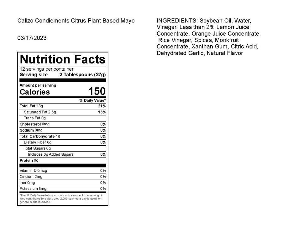 Detailed nutrition facts for Calizo's Citrus & Herbs Eggless Mayo